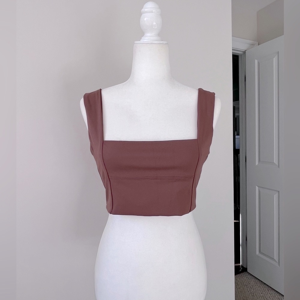 Commense Chocolate Brown Square Neck Stretchy Crop Top with Wide Straps